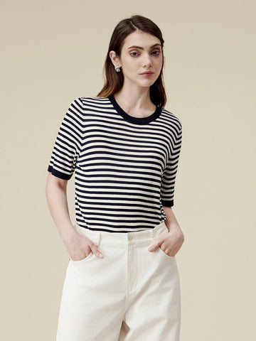 Amoretu 100% Lyocell Pinstripe Casual T-Shirt - Amoretu -
