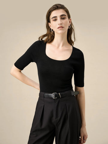 Amoretu 100% Wool Short Sleeve Slim-Fit Knit Tee - Amoretu -