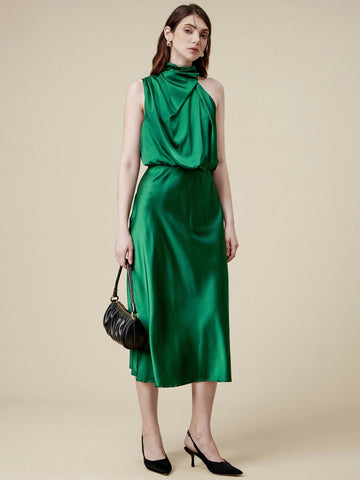 Amoretu 85% Acetate Irregular Neck Satin Dress - Amoretu -