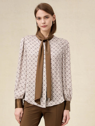 Amoretu Acetate Printed Shirt With Shawl Tie - Amoretu -