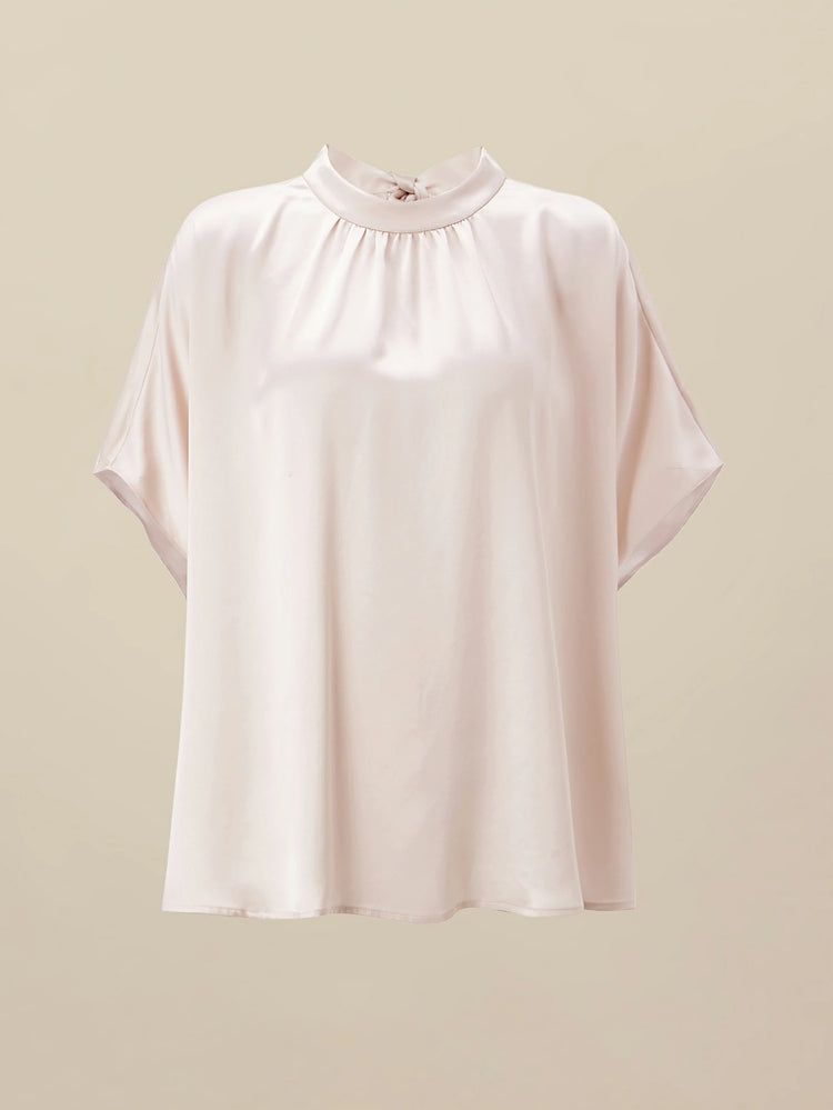 Amoretu Round Neck Solid Satin Dolman Short Sleeve Pleated Blouse Top