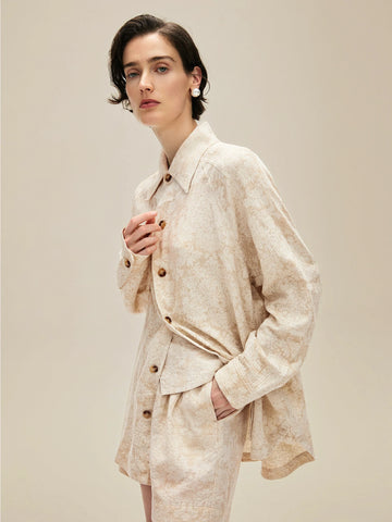 Amoretu Linen Lapel Long Sleeve Jacquard Blouse