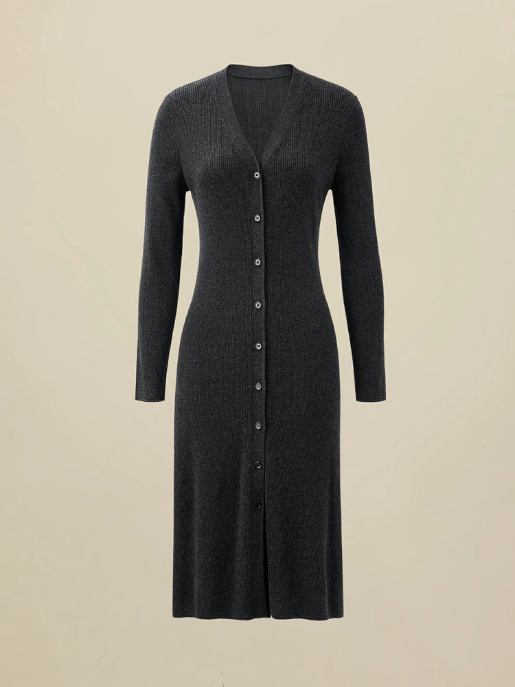 Amoretu Silk & Wool Long Sleeve Button Down Knit Dress