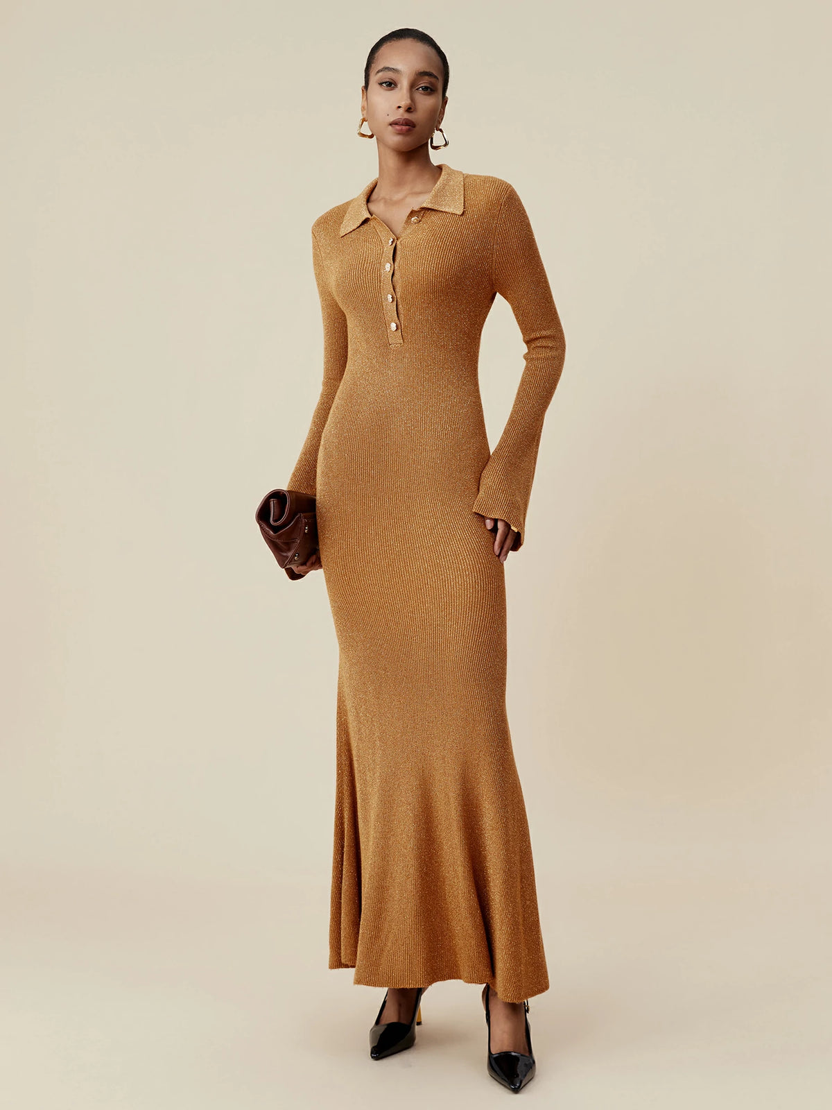 (FINAL SALE)Lapel Fish Tail Gold Yarn Dress