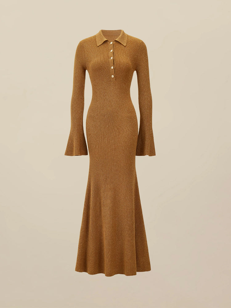 (FINAL SALE)Lapel Fish Tail Gold Yarn Dress