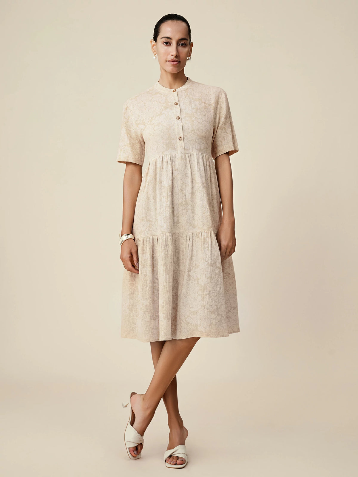 Amoretu Linen Stand Collar Loose Ruffle Dress