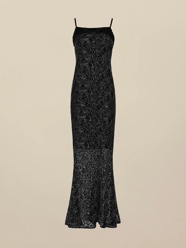Amoretu Silver Metallic Lace Cami Fishtail Dress