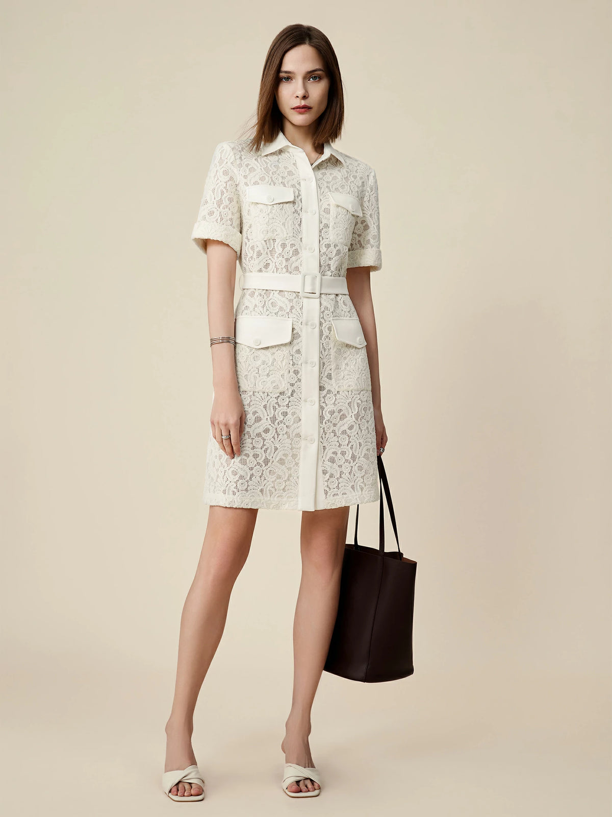 Amoretu Lapel Short Sleeve Lace Pocket Dress