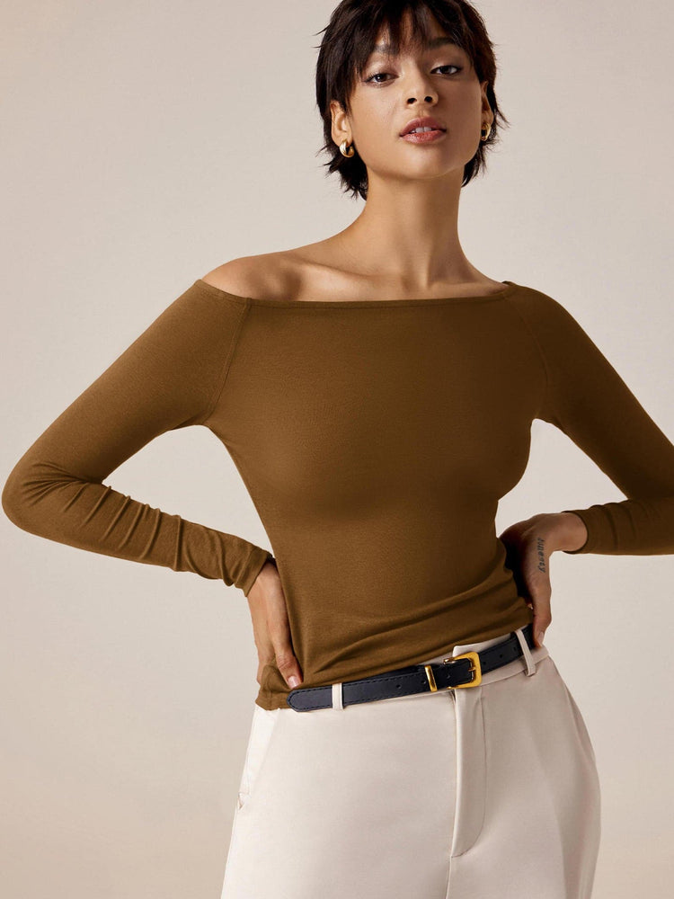 Amoretu Women's One-Shoulder Long Sleeve Slim Fit T-Shirt