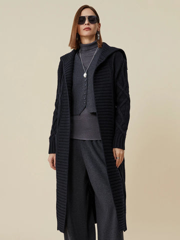 (FINAL SALE) 64% Wool Lapel Long Sleeve Knit Long Cardigan