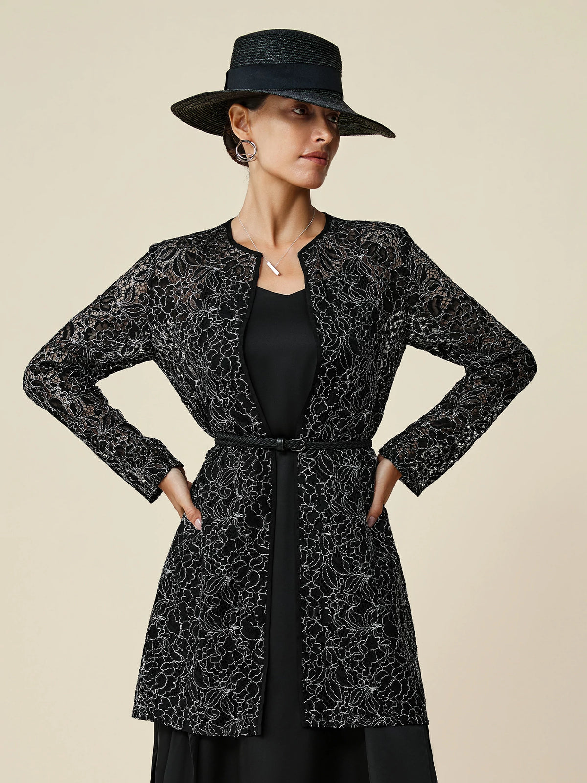 Amoretu Round Neck Silver Metallic Lace Jacket