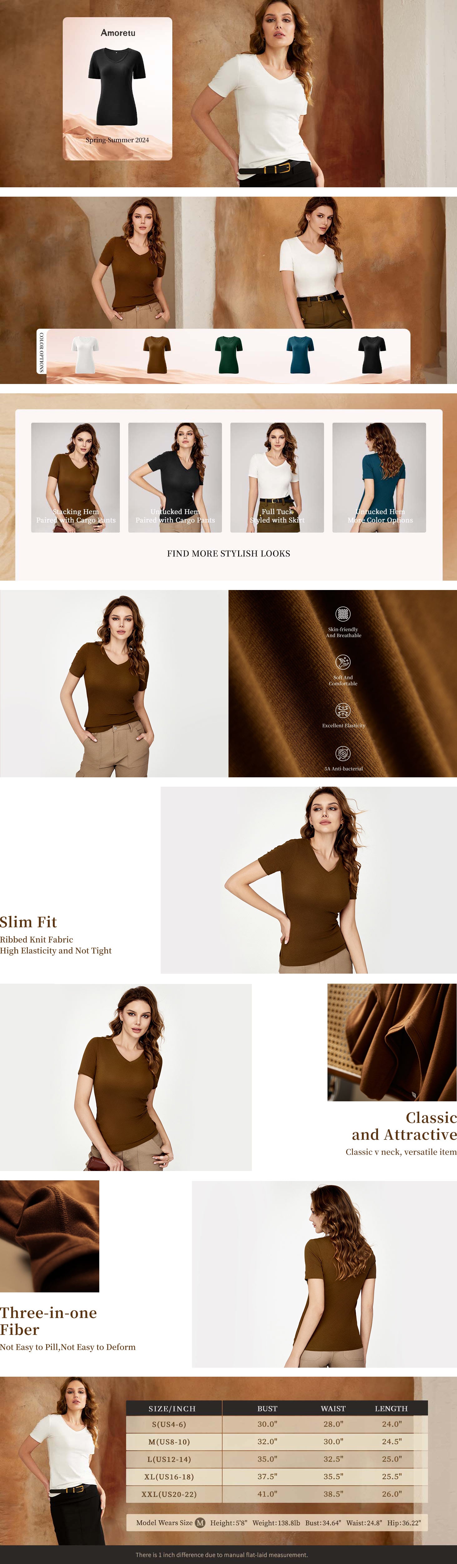 Amoretu Women's V Neck T Shirts Slim Fit Short