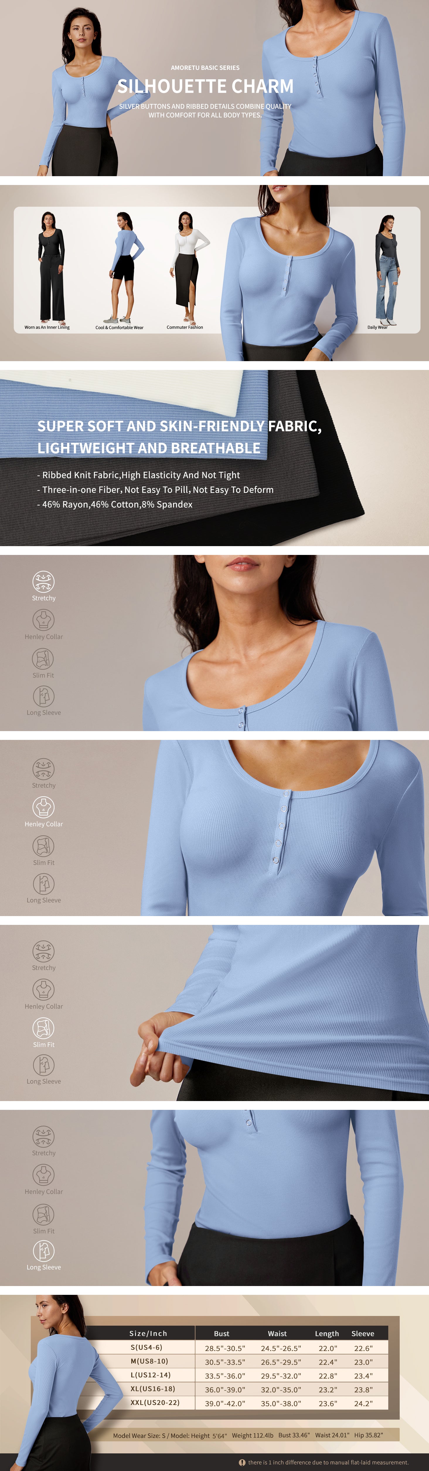 Amoretu Women's Henley Collar Long Sleeve Slim Fit Top