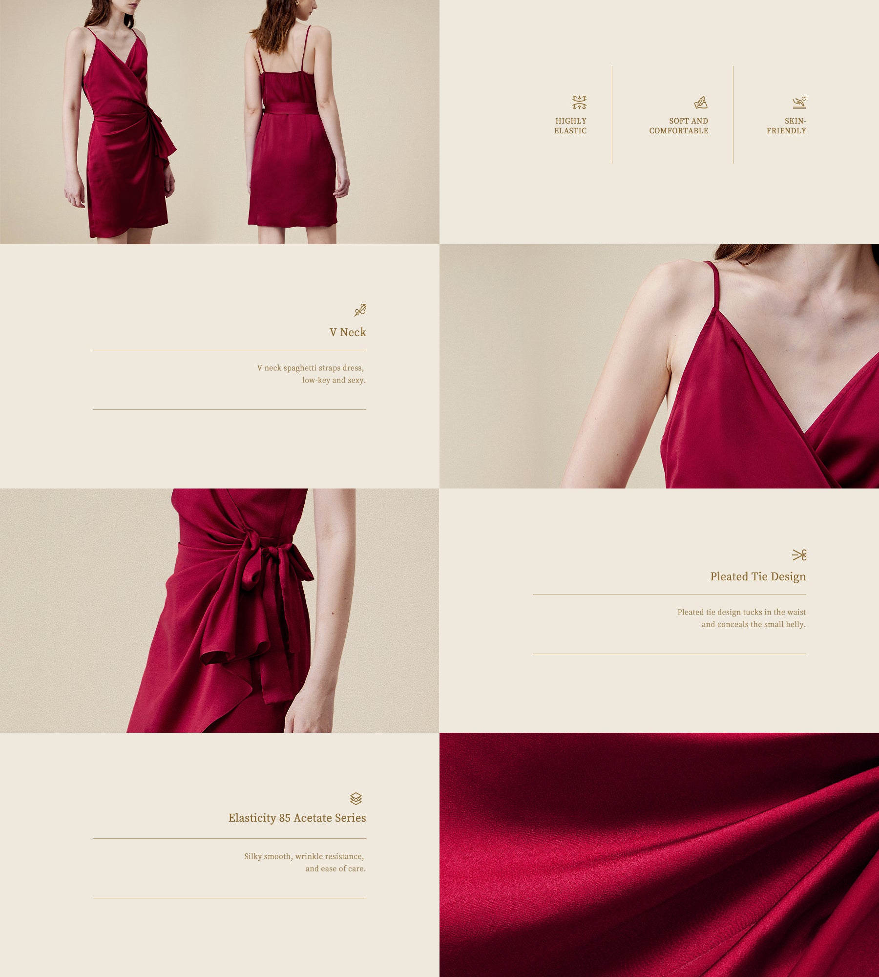 Amoretu 85% Acetate Satin Wrap Dress