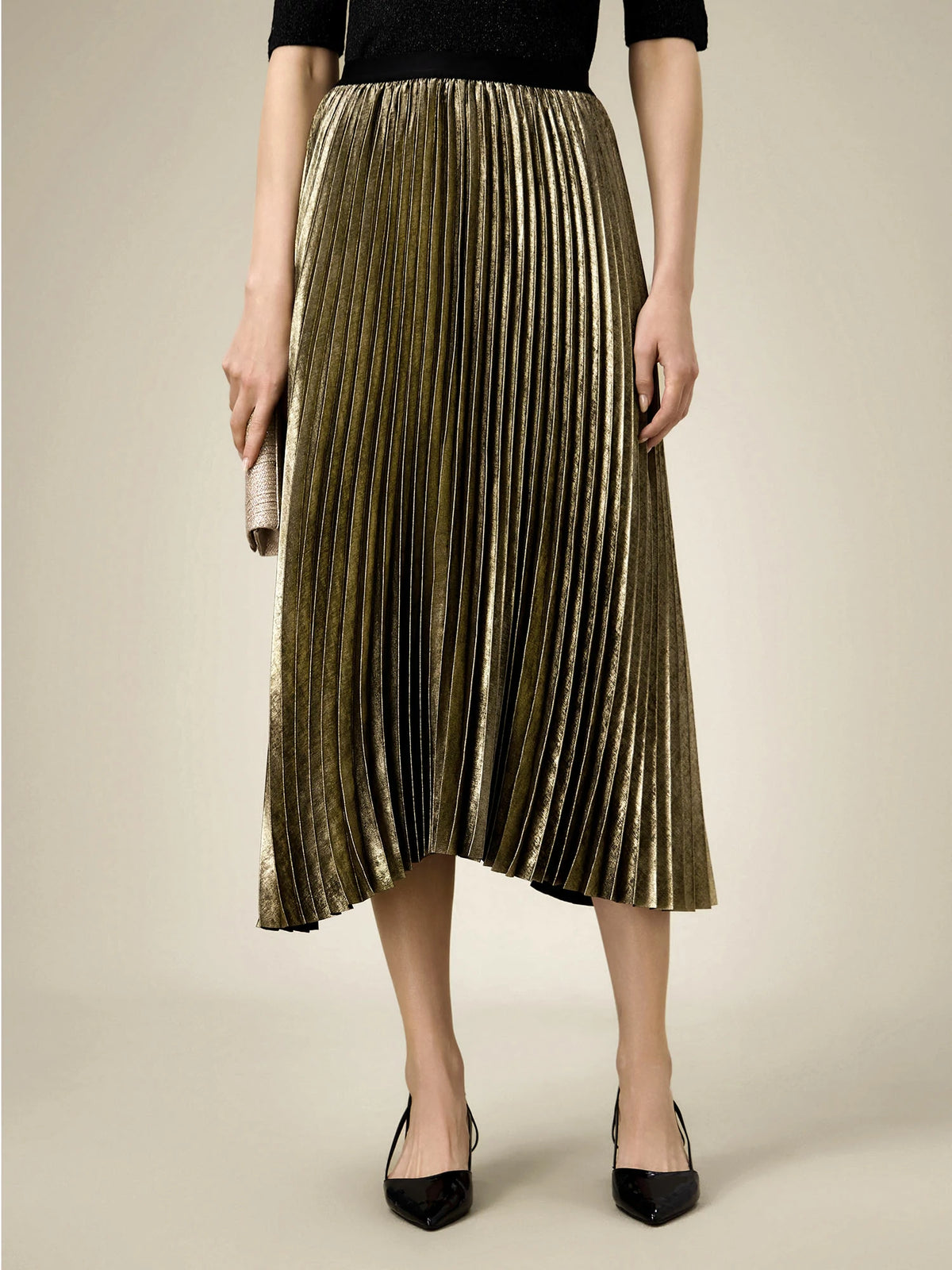 (FINAL SALE) Elastic Waist Satin Pleated A-Line Skirt