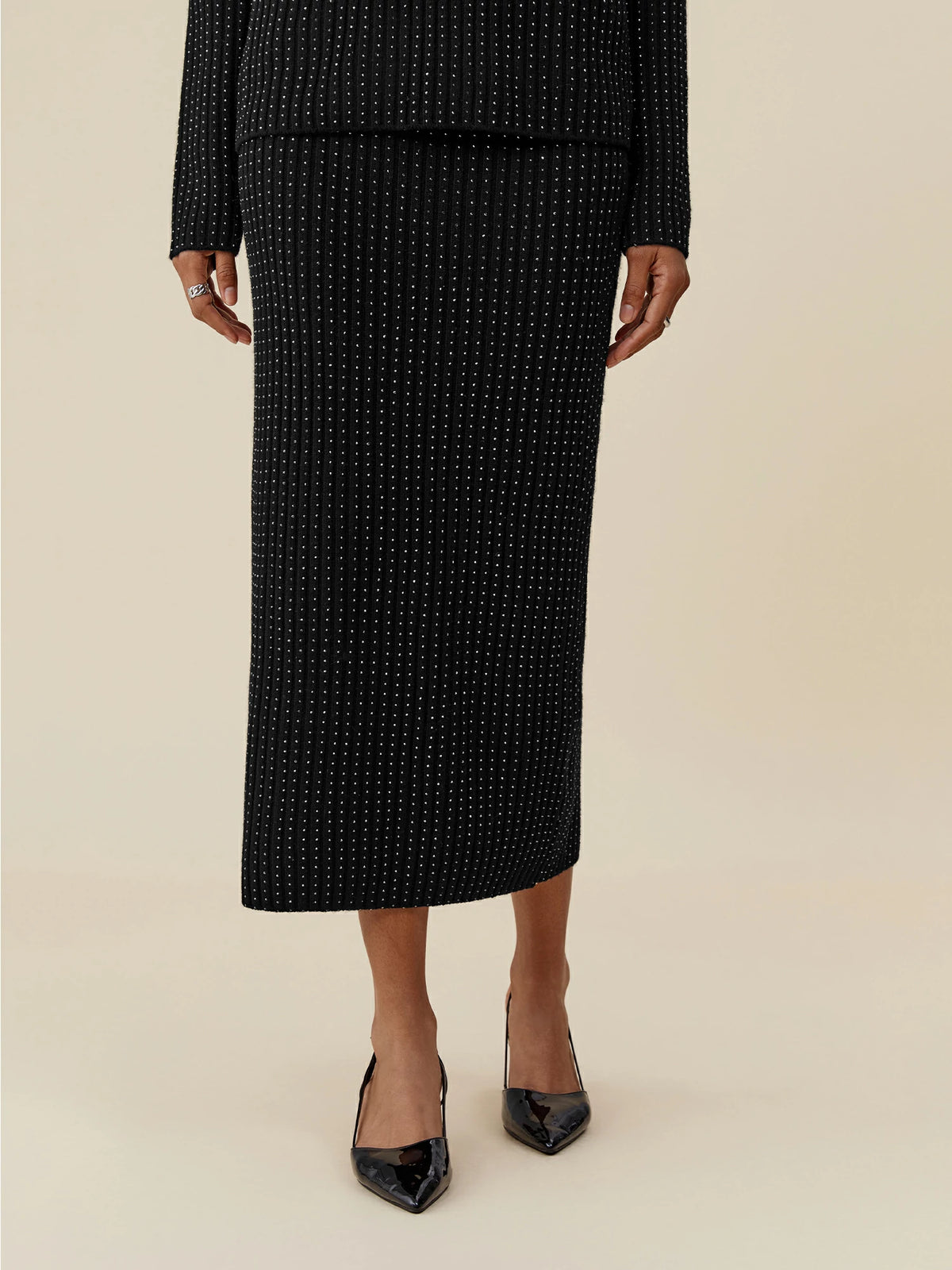 (FINAL SALE) 100% Wool Rhinestone Embellished Knit Skirt