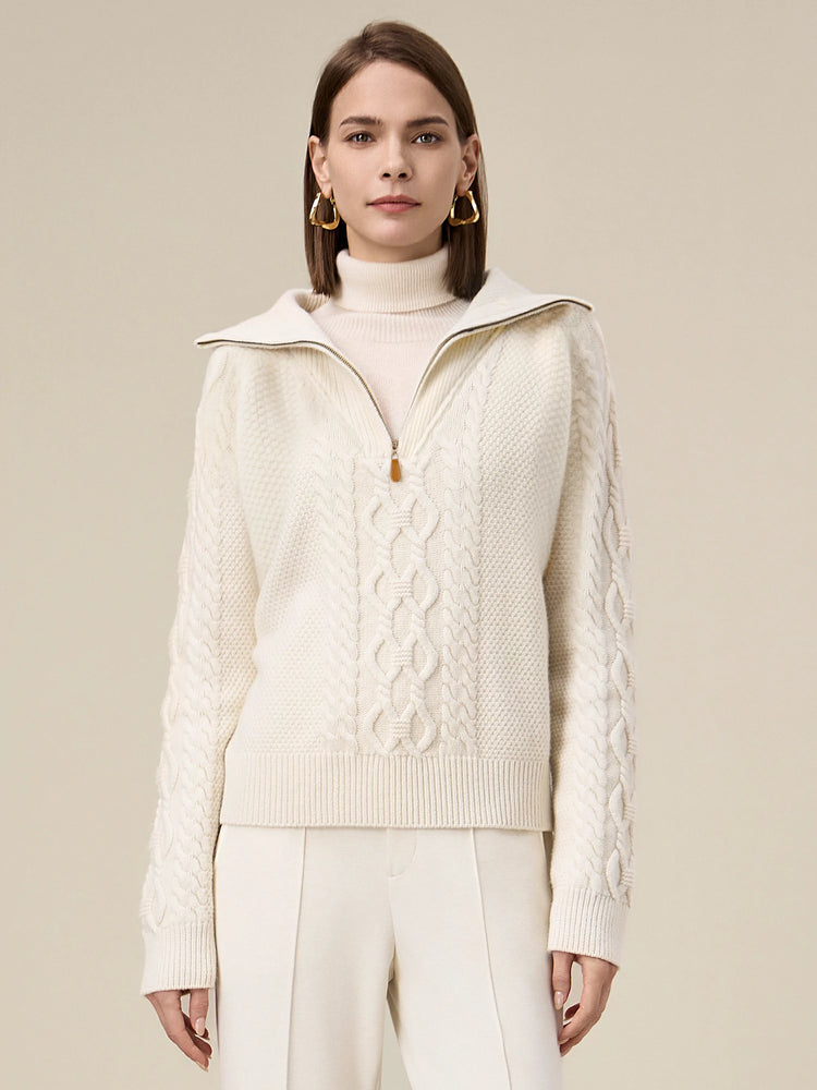 (FINAL SALE)100% Wool Stand Collar Cable Knit Sweater