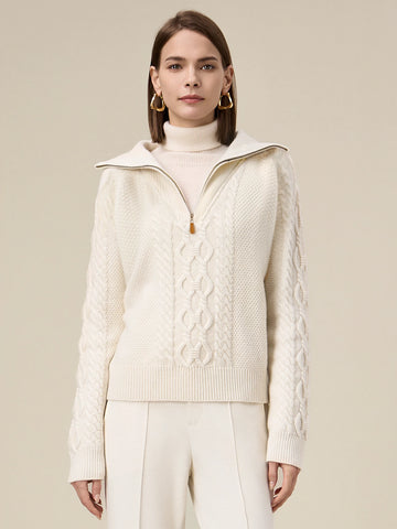 (FINAL SALE)100% Wool Stand Collar Cable Knit Sweater