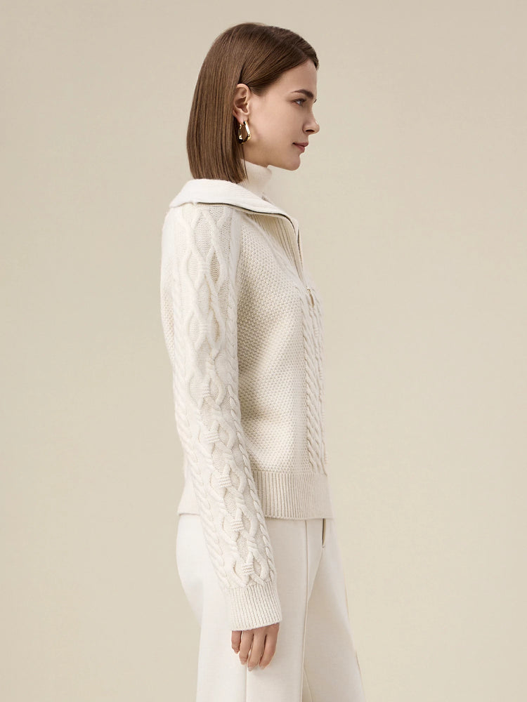 (FINAL SALE)100% Wool Stand Collar Cable Knit Sweater