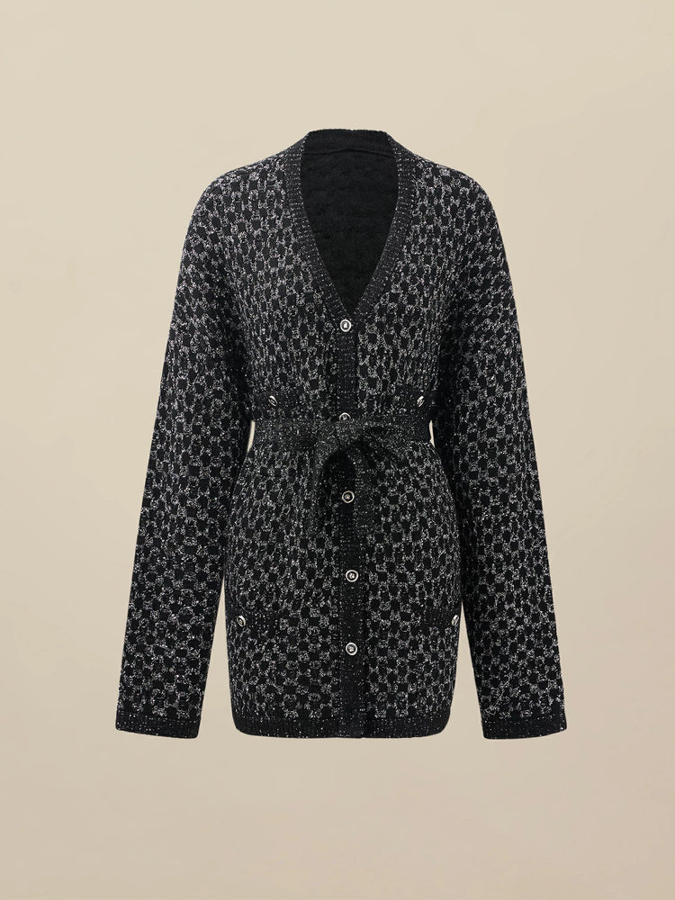 Amoretu Women's Wool V-Neck Gold Silver Yarn Knitted Cardigan
