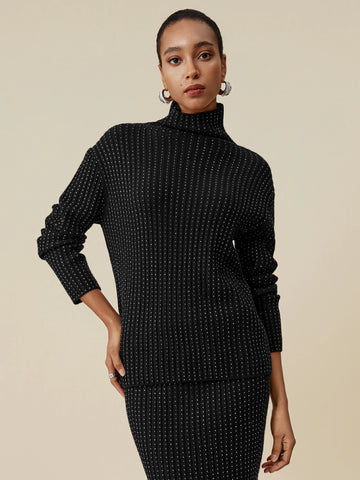 (FINAL SALE) 100% Wool Turtleneck Long Sleeve Rhinestone Sweater
