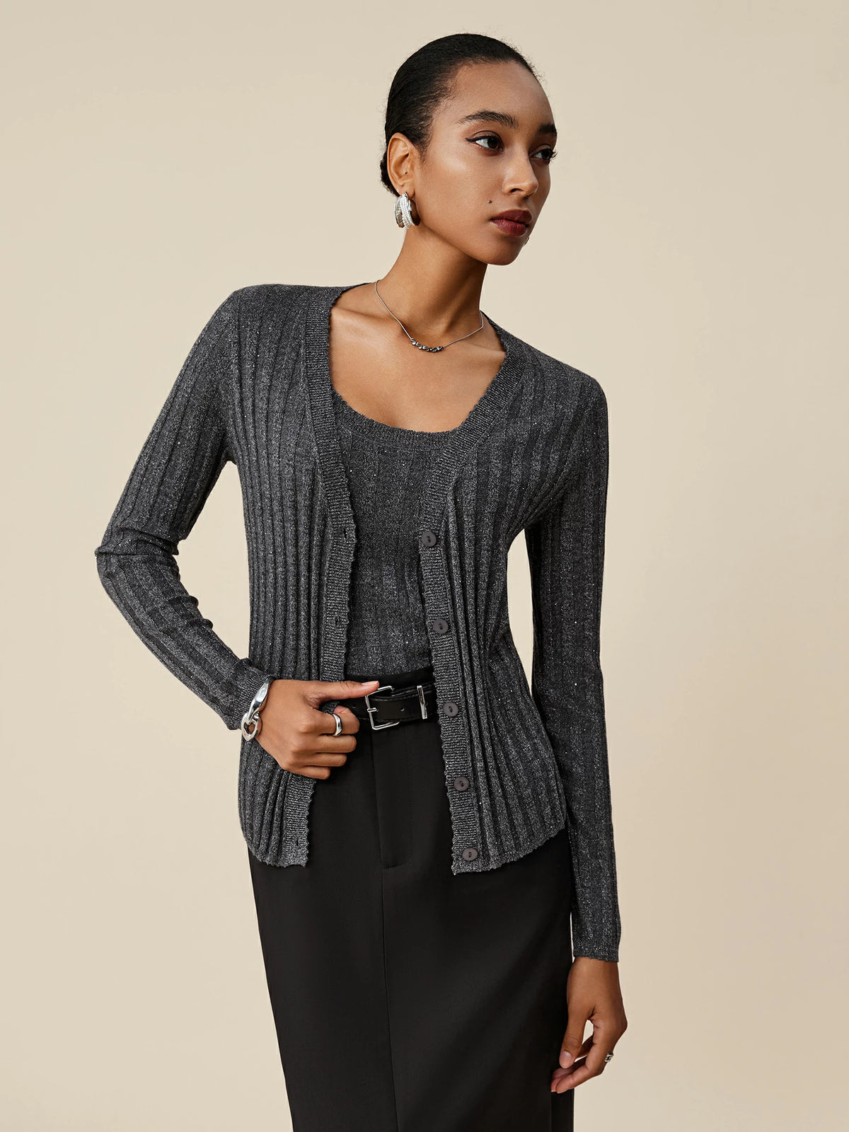 (FINAL SALE)Wool V-Neck Sequin Knitted Cardigan