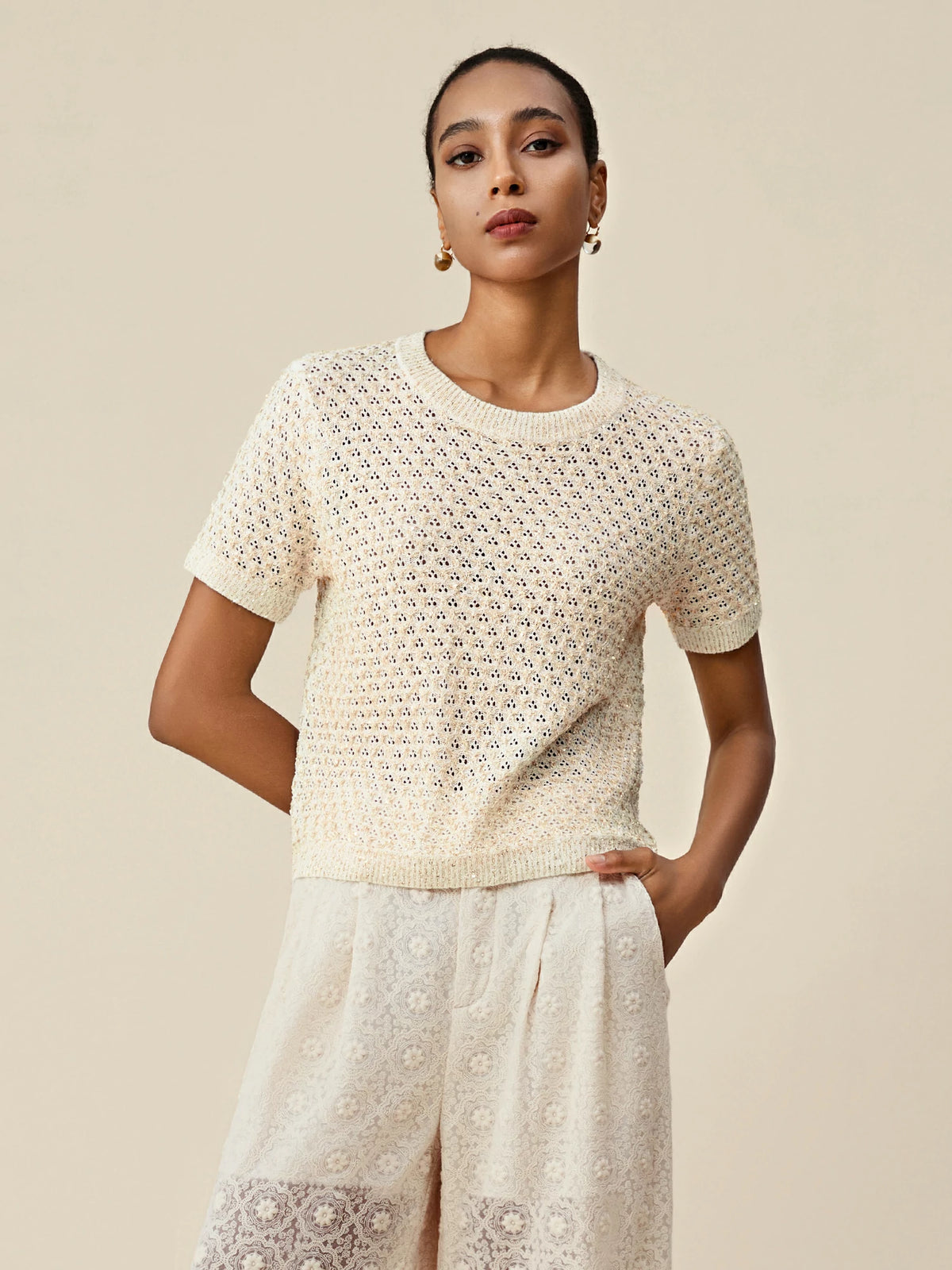Amoretu Mulberry Silk Sequin Knitted T-Shirt