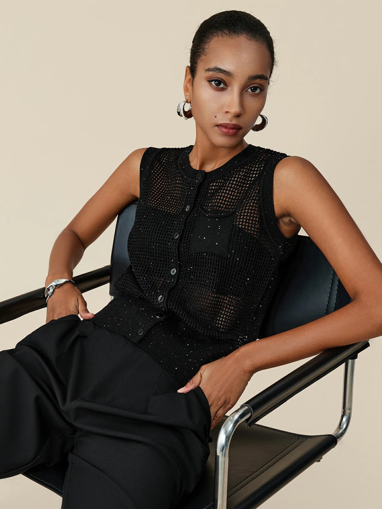 Amoretu Lyocell & Linen Hollow Sequin Vest