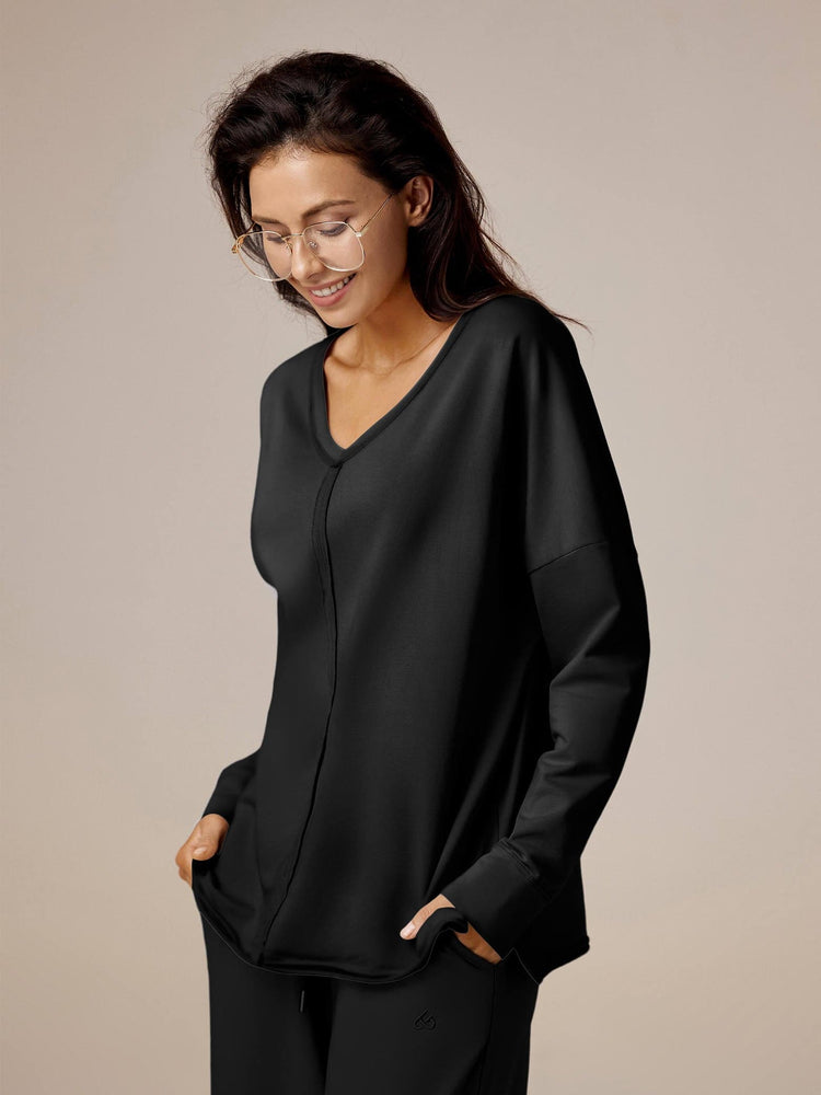 Amoretu Womens V Neck Tops Shirts Dropped Shoulder Long Sleeve Casual Sweatshirt
