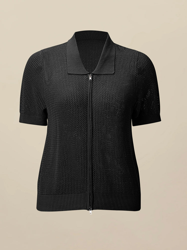 Amoretu Linen & Lyocell V-Neck Short Sleeve Zipper Hollow Out Cardigan