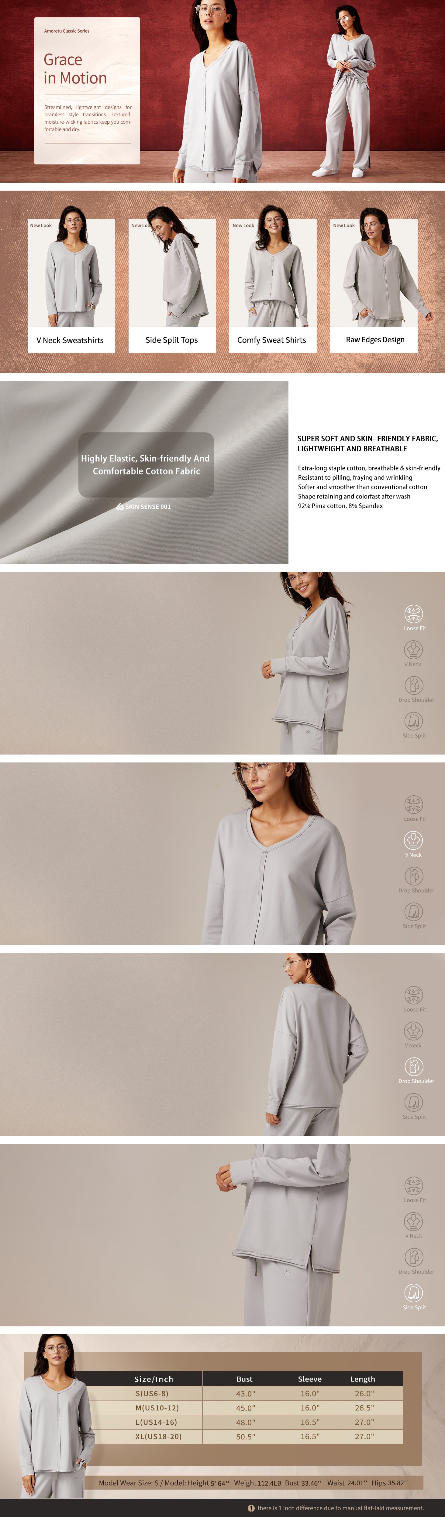 Amoretu Womens V Neck Tops Shirts Dropped Shoulder Long Sleeve Casual Sweatshirt