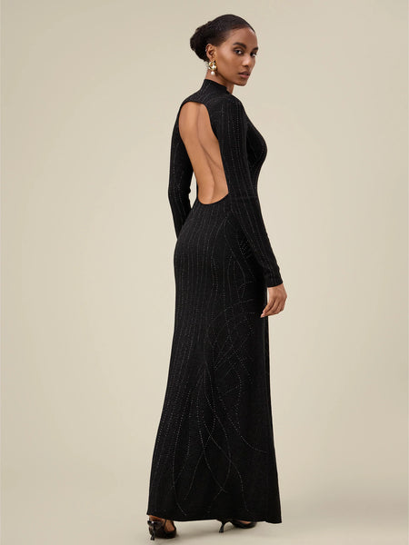 Amoretu Wool Mock Neck Rhinestone Backless Knit Dress Amoretu Wool Mock Neck Rhinestone Backless Knit Dress