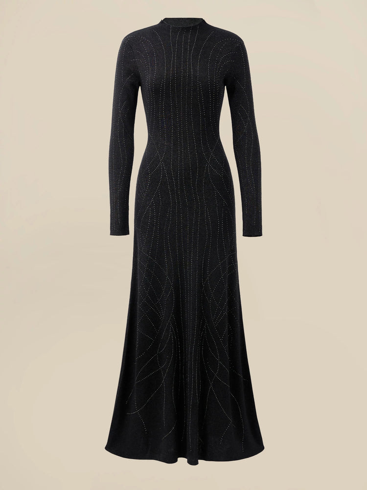 Amoretu Wool Mock Neck Rhinestone Backless Knit Dress