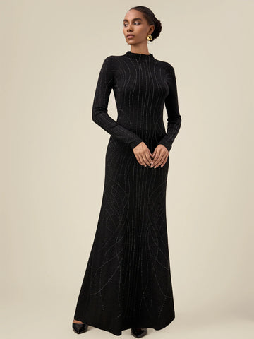 Amoretu Wool Mock Neck Rhinestone Backless Knit Dress Amoretu Wool Mock Neck Rhinestone Backless Knit Dress