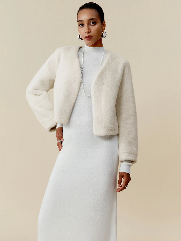 (FINAL SALE)V-Neck Long Sleeve Eco-Friendly Fur Short Coat