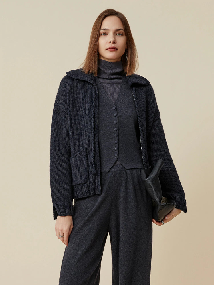 (FINAL SALE)64% Wool Lapel Long Sleeve Zip-Up Knit Cardigan