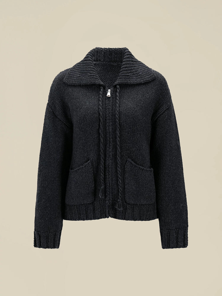 (FINAL SALE)64% Wool Lapel Long Sleeve Zip-Up Knit Cardigan