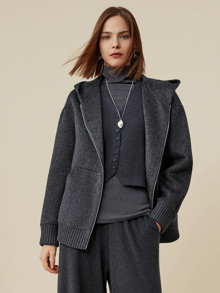 (FINAL SALE)70.9% Wool Hooded Zipper Short Coat