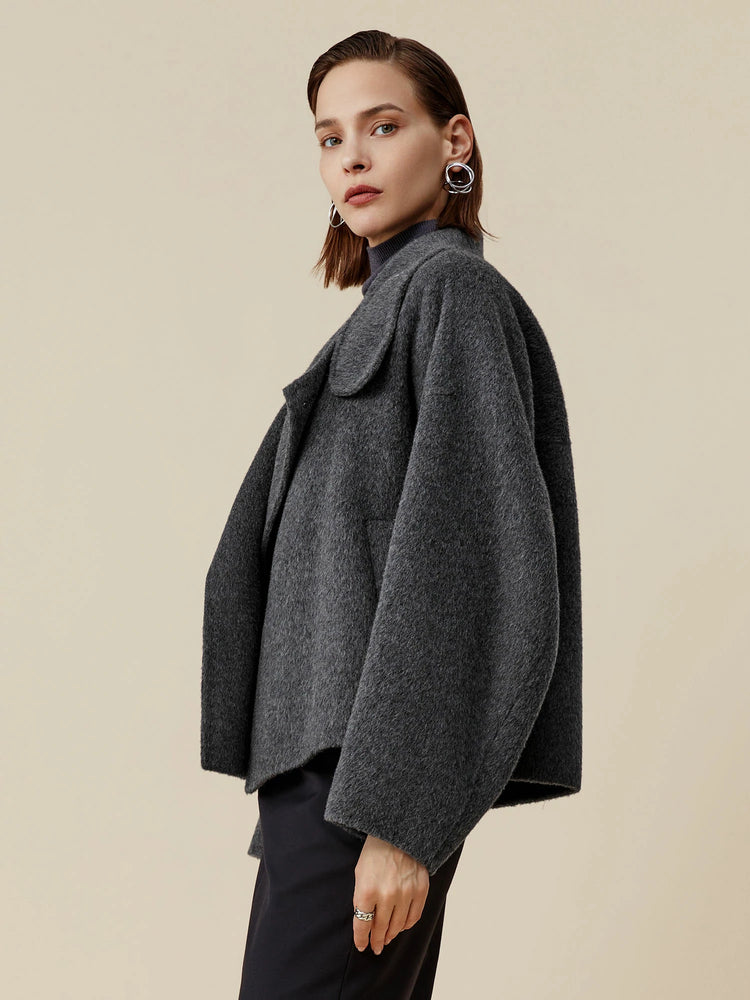 (FINAL SALE)70.9% Wool Stand Collar Long Sleeve Wool Short Coat