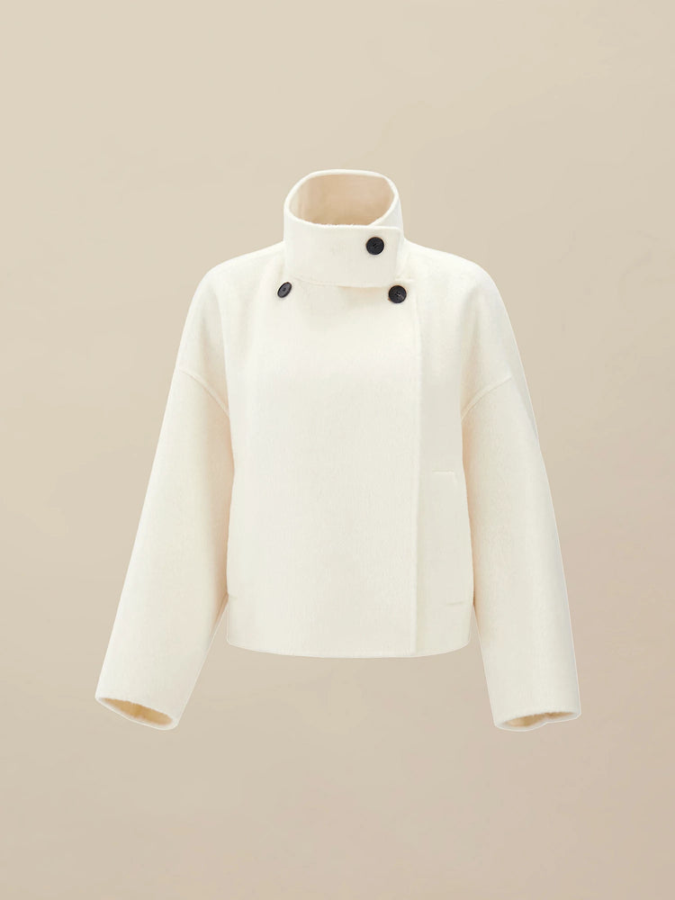 (FINAL SALE)70.9% Wool Stand Collar Long Sleeve Wool Short Coat