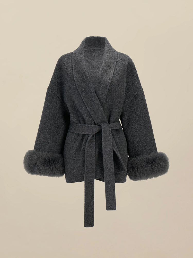 Amoretu Wool Lapel Long Sleeve Plush Cuff Short Coat