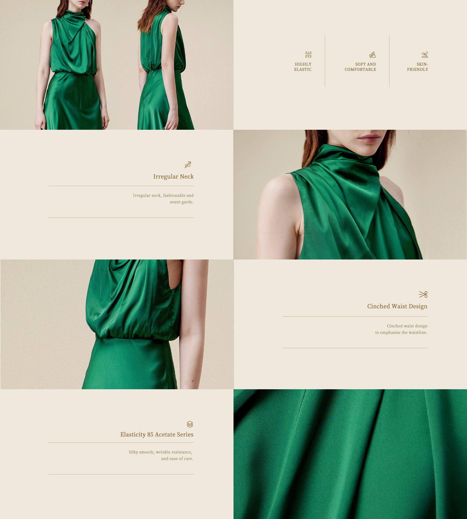 Amoretu 85% Acetate Irregular Neck Satin Dress