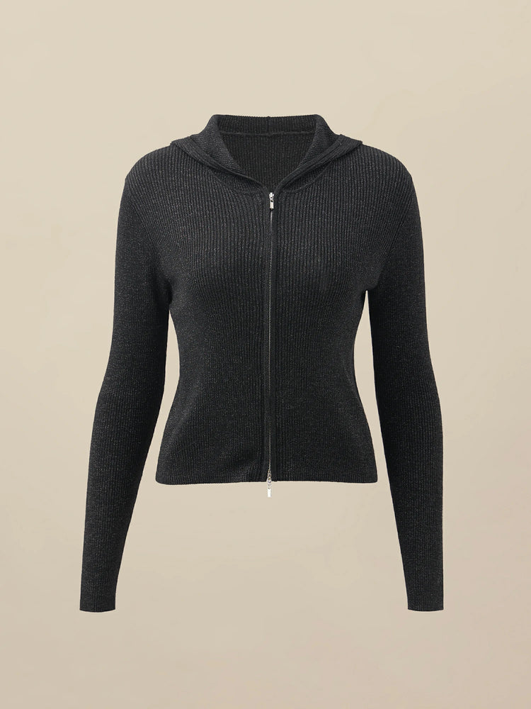 Amoretu Wool Gold Silver Yarn Zip-up Sweater Cardigan