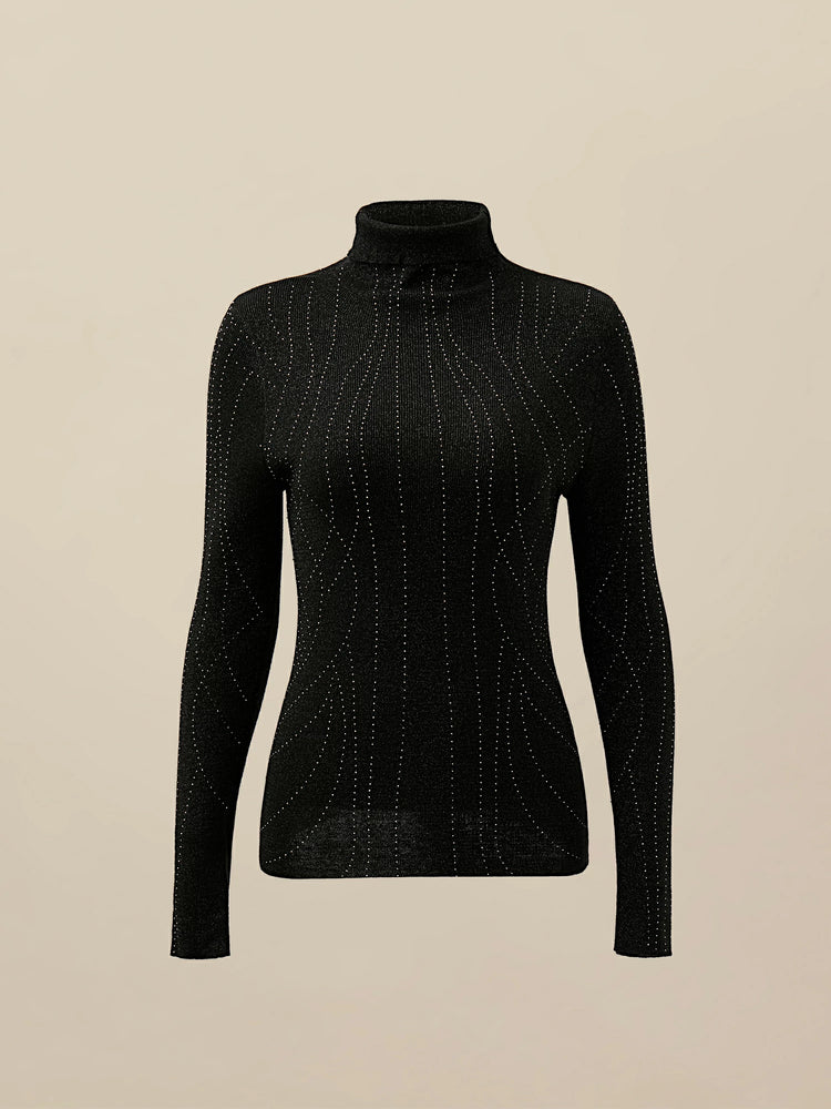 Amoretu High Neck Rhinestones Metallic Thread Knit Sweater