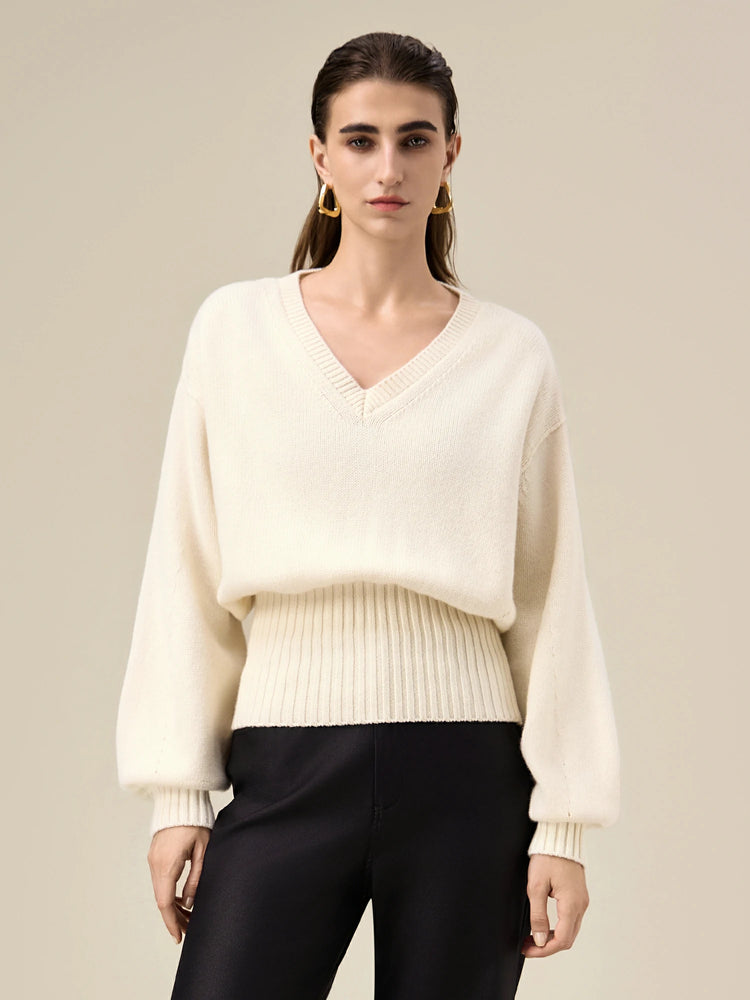 Amoretu Wool Lantern Sleeve Waist Cinching Sweater