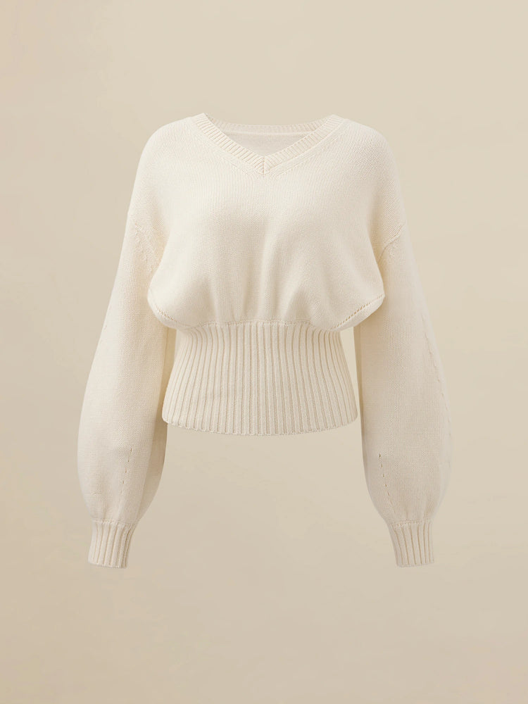 Amoretu Wool Lantern Sleeve Waist Cinching Sweater
