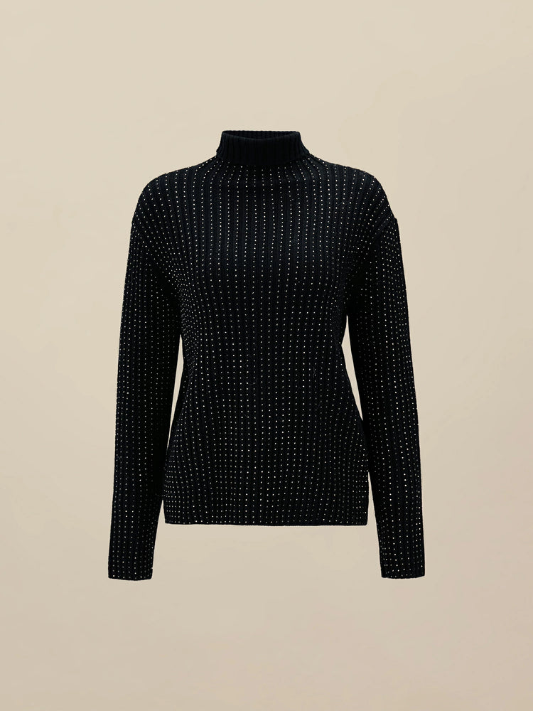 (FINAL SALE) 100% Wool Turtleneck Long Sleeve Rhinestone Sweater