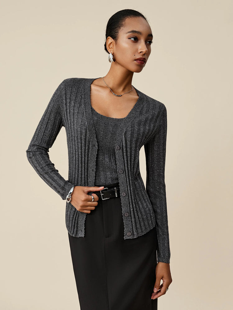 (FINAL SALE)Wool V-Neck Sequin Knitted Cardigan