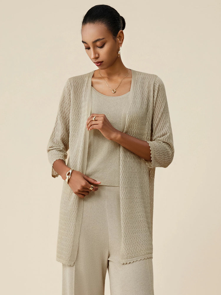 (FINAL SALE)Gold Silver Yarn Mid-Sleeve Simple Cardigan