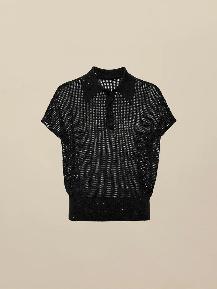 Amoretu Lyocell & Linen Polo Neck Sequin Openwork Shirt